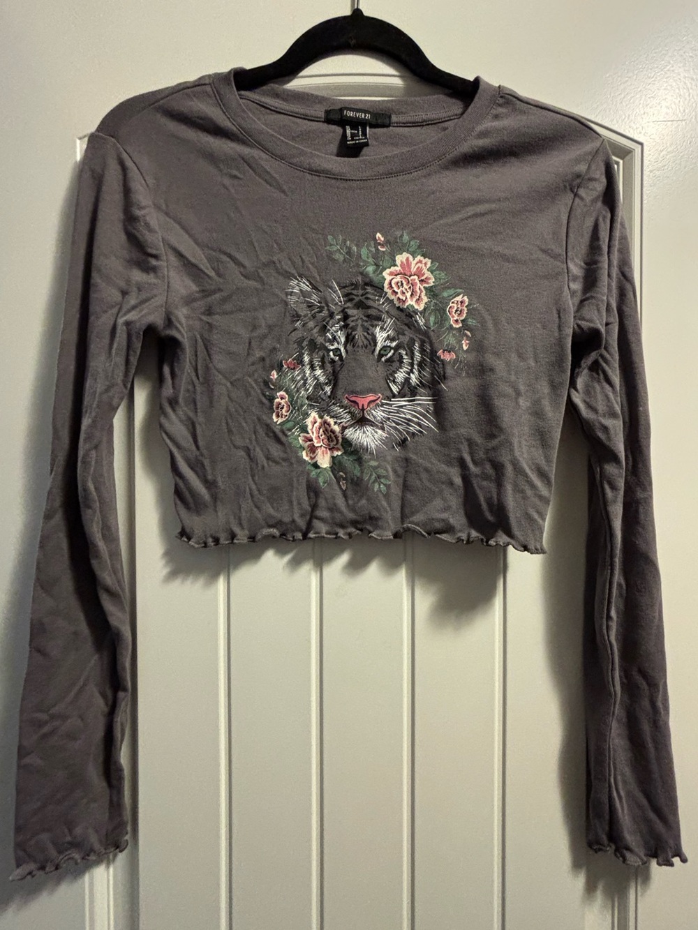 Forever 21 Gray Crop Top with Floral Tiger Graphic
